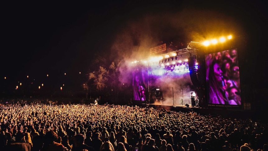 Wide shot of Haydne James playing to a big crowd at Splendour in the Grass 2019