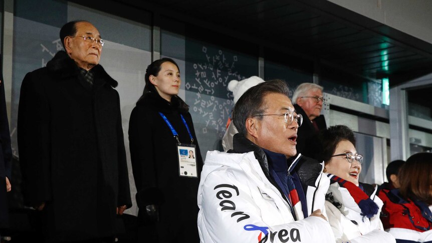 Korean leaders from North and South watch the opening ceremony