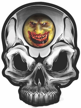 A drawing of a black and grey skull with a smiling, bloody mouthed face on its forehead.