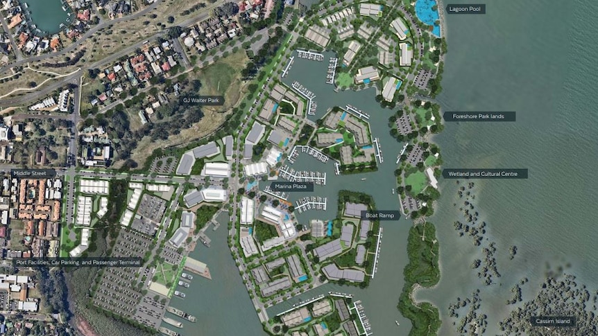 An aerial view shows an artist's impression of the development on reclaimed land in the bay.