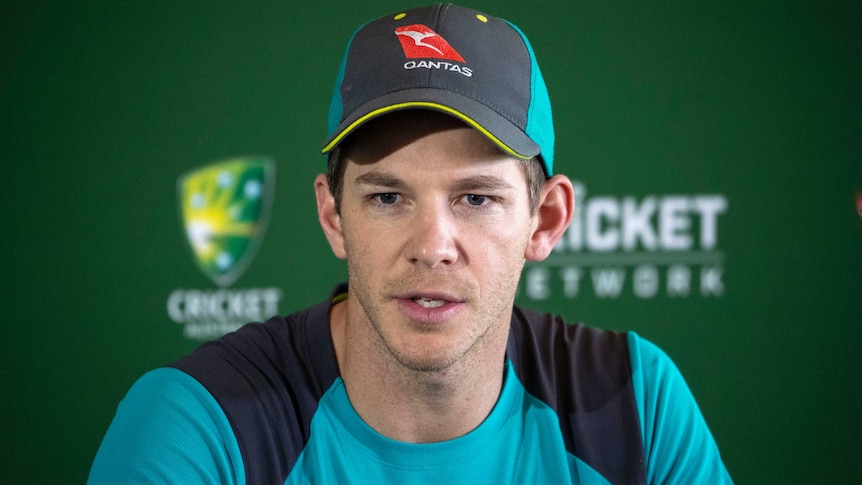 Australian cricket captain Tim Paine speaks to the media