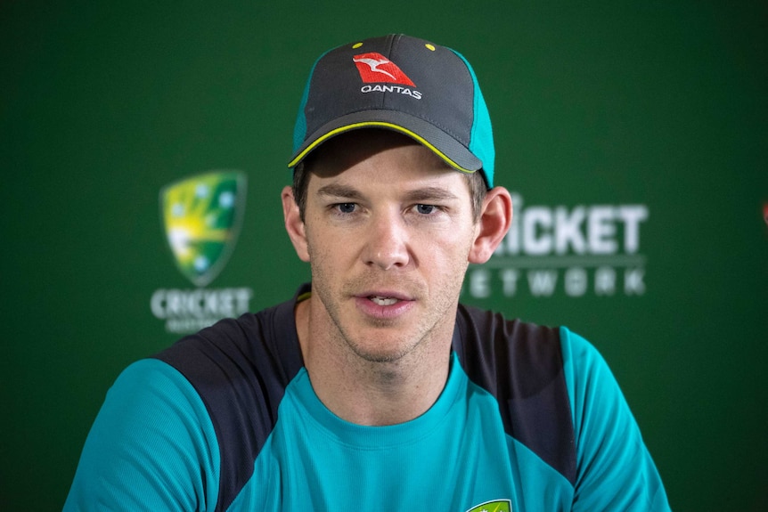 Australian cricket captain Tim Paine speaks to the media