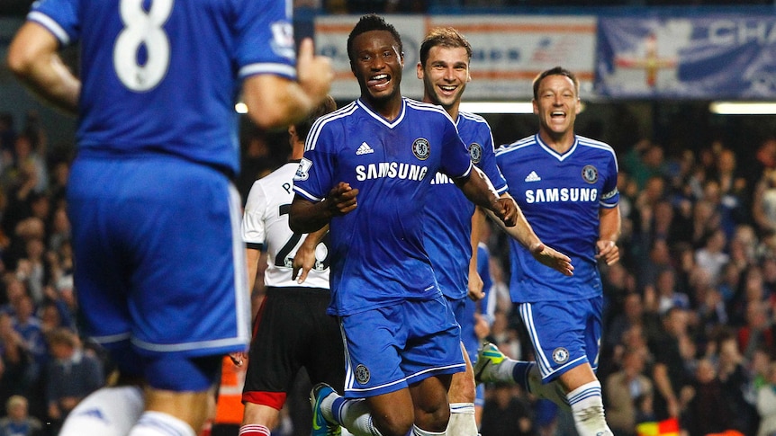 Chelsea's John Obi Mikel celebrates after his goal against Fulham.