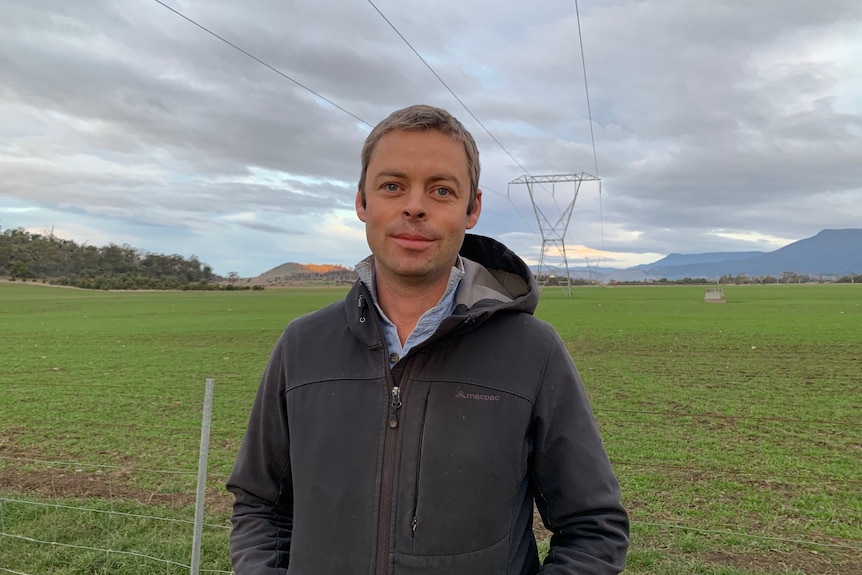 A man in a grey rain jacket stands in front of a green field, a power line snakes overhead. 