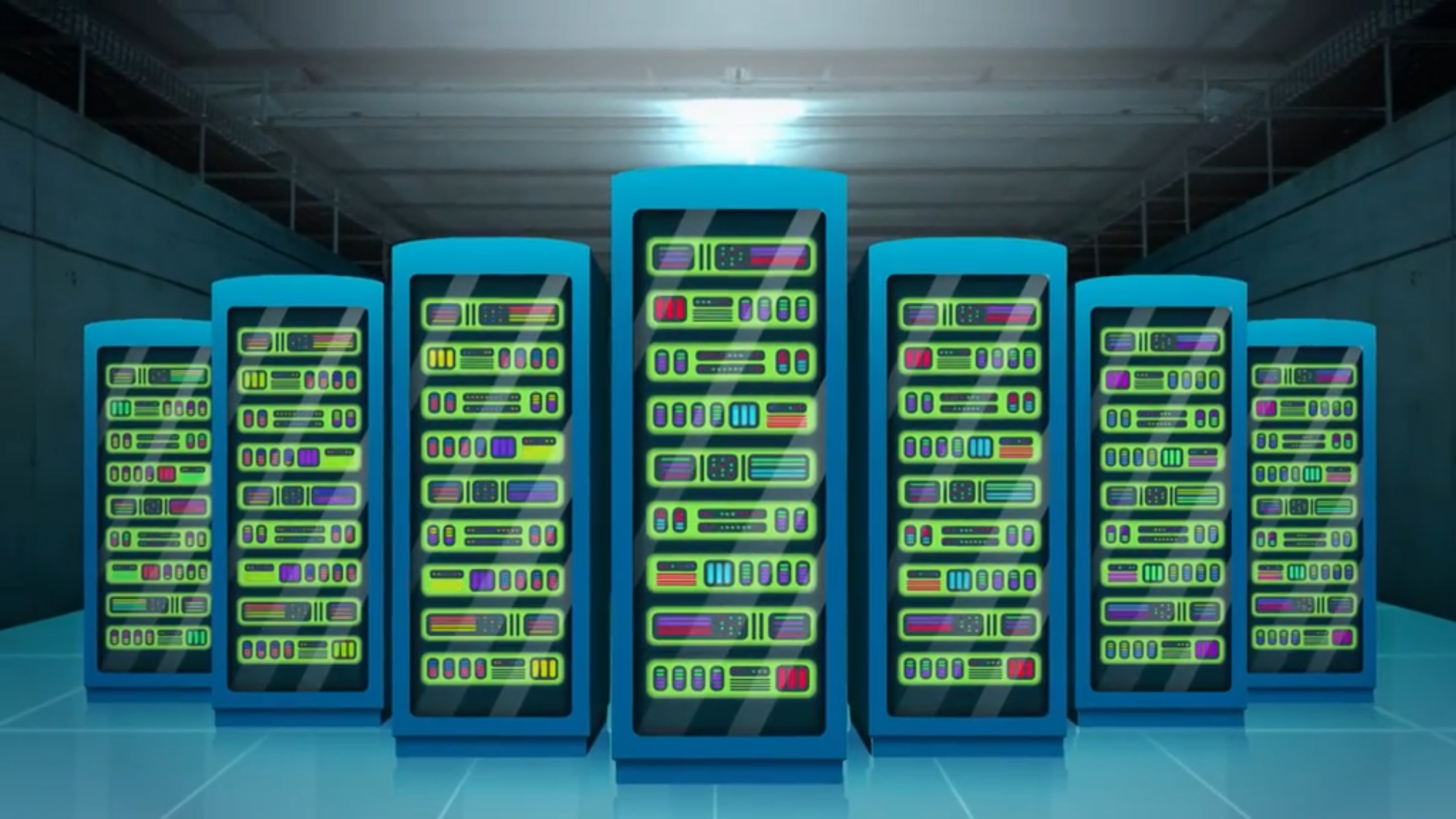 An illustration of six glowing blue server racks in a dark data centre. Each server has bright green panels and coloured lights.