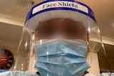 A woman wears a surgical mask, face shield and gown with her eyes blurred out.