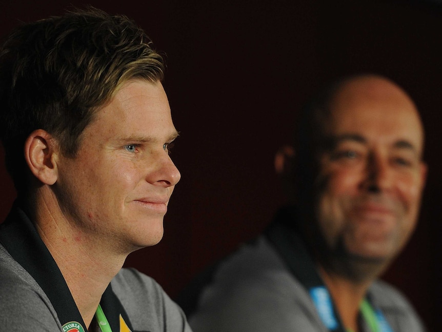 Steve Smith speaks to the media during a press conference at The Gabba