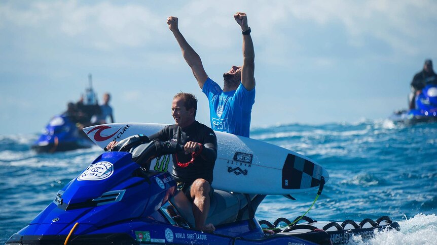 Owen Wright celebrates his Fiji Pro win