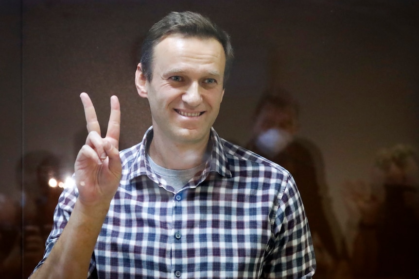 Navalny holds up the V sign from inside a glass cage in a Moscow courtoom early this year. 