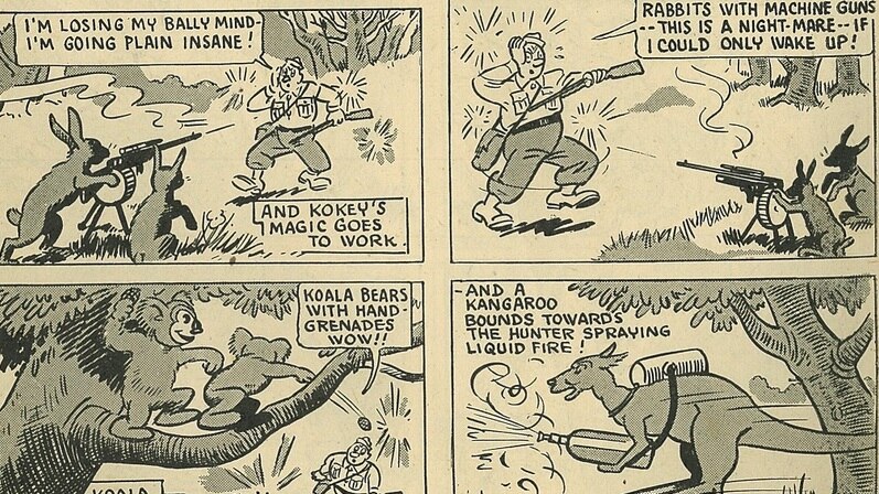 How superhero Kokey Koala fights the criminals in his regular comic series.