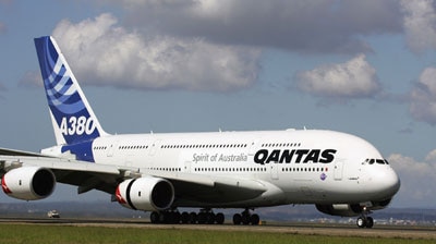 The Airbus A380 touches down at Sydney Airport.