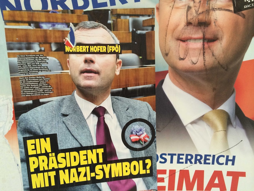 Defaced campaign poster of Norbert Hofer overlaid with an image of him wearing a Nazi symbol - the cornflower