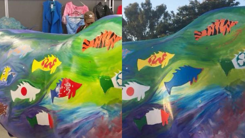 Before and after cow sculpture photos showing design altered with Taiwan flag painted over with blue fish.