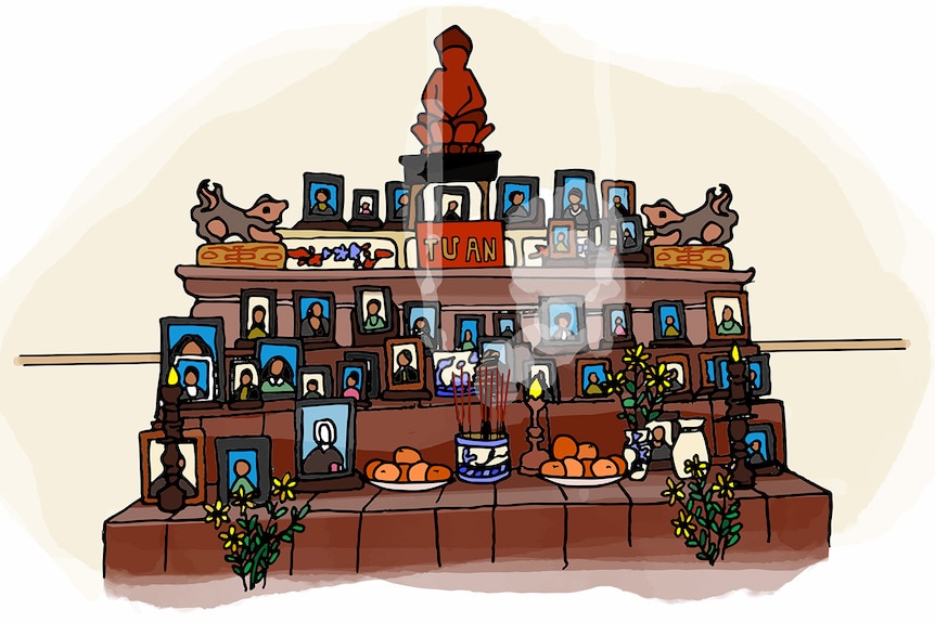 An illustration shows a brown wood altar stacked with framed photos, incense, fruit and flowers