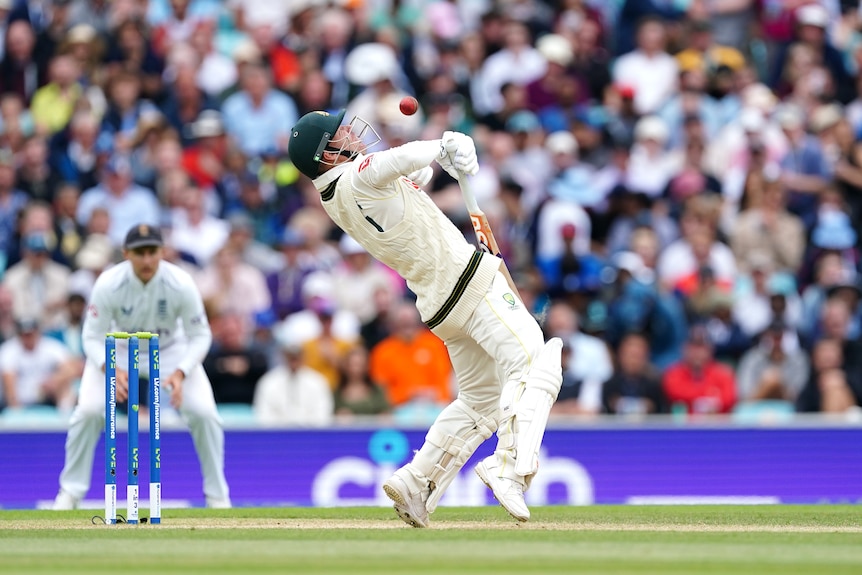 Australia batter David Warner dodged a cricket ball during an Ashes Test.