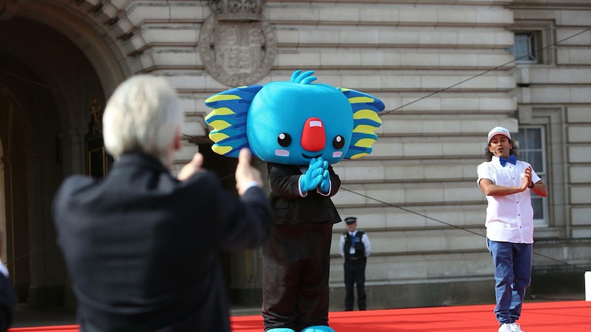 Commonwealth Games mascot Borobi and friend Sid Mathur launch the Queens Baton in London, Mar 13, 2017
