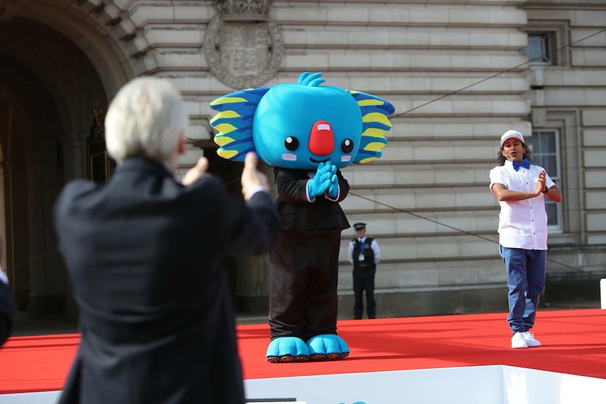 Commonwealth Games mascot Borobi and friend Sid Mathur launch the Queens Baton in London, Mar 13, 2017