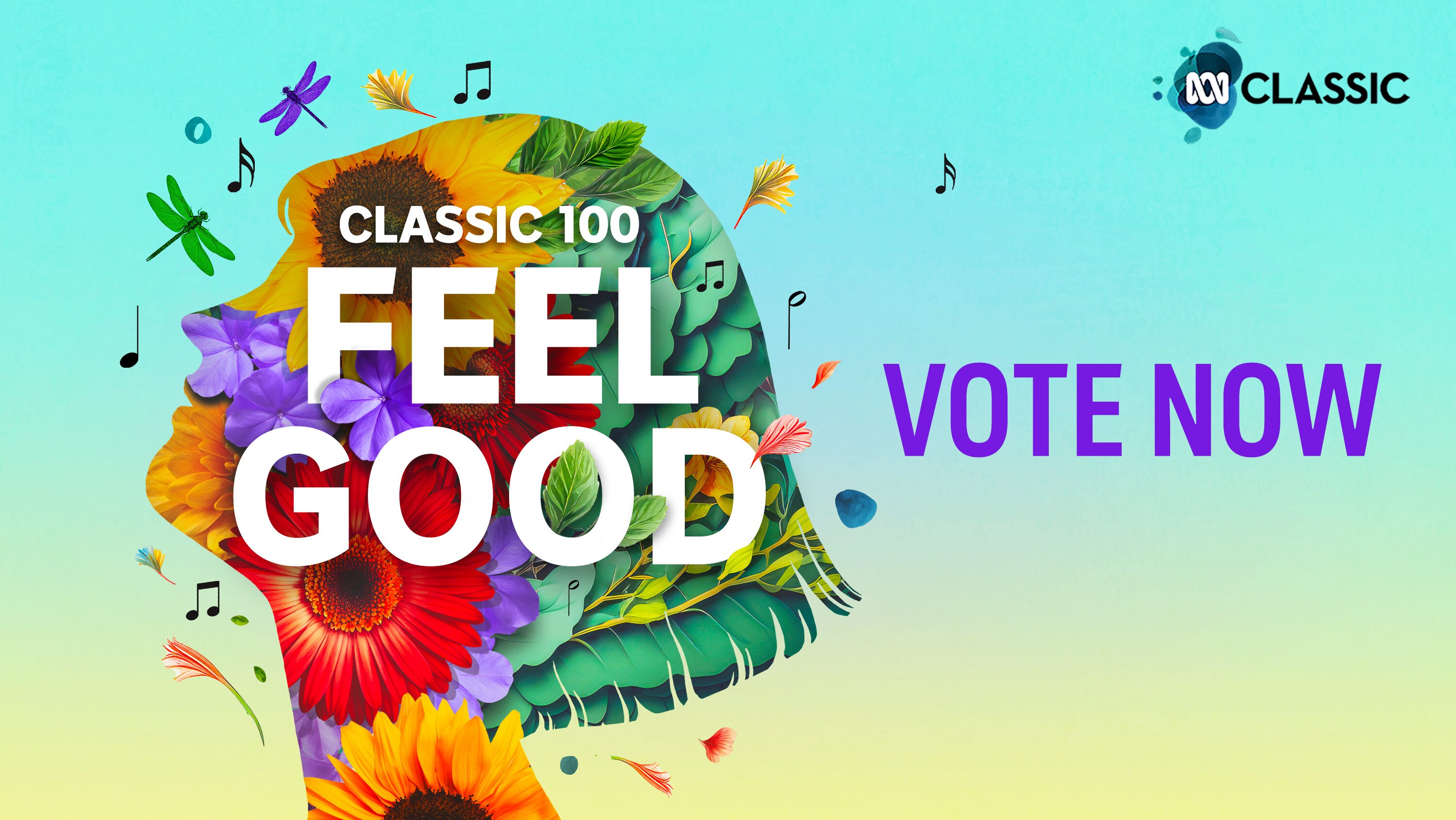 A graphic image of a face profile made up of flowers and leaves with the words "Classic 100 Feel Good" across it and "Vote now" 
