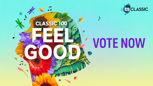 A graphic image of a face profile made up of flowers and leaves with the words "Classic 100 Feel Good" across it and "Vote now" 
