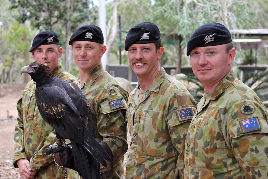Four men in Army uniform stand in a line with a wedge-tailed eagle