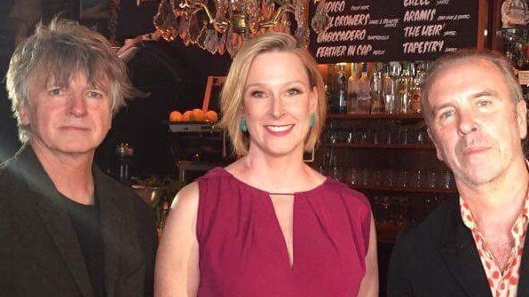 Leigh Sales with Neil Finn (left) and Nick Seymour (right) of Crowded House