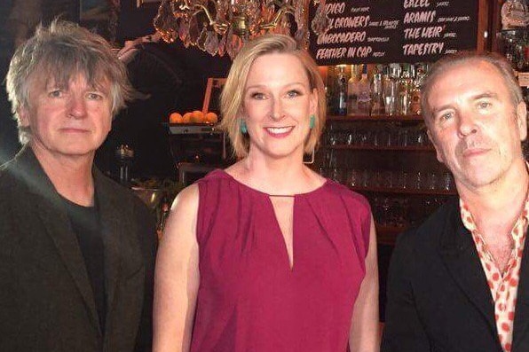 Leigh Sales with Neil Finn (left) and Nick Seymour (right) of Crowded House