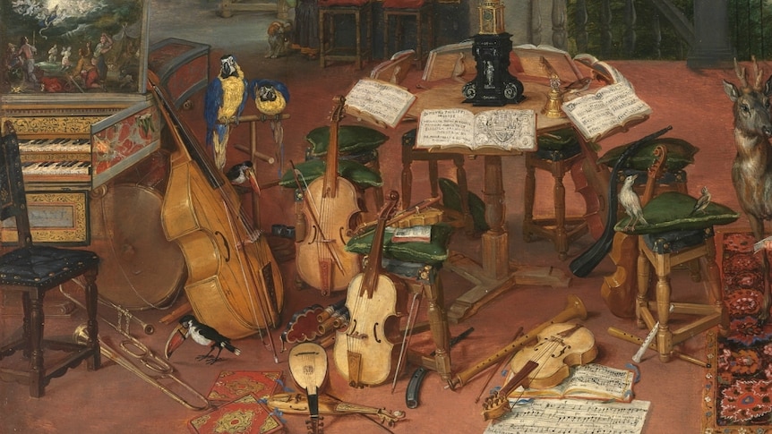 A painting featuring a collection of instruments lying on the floor and standing against stools, with some parrots and toucans.