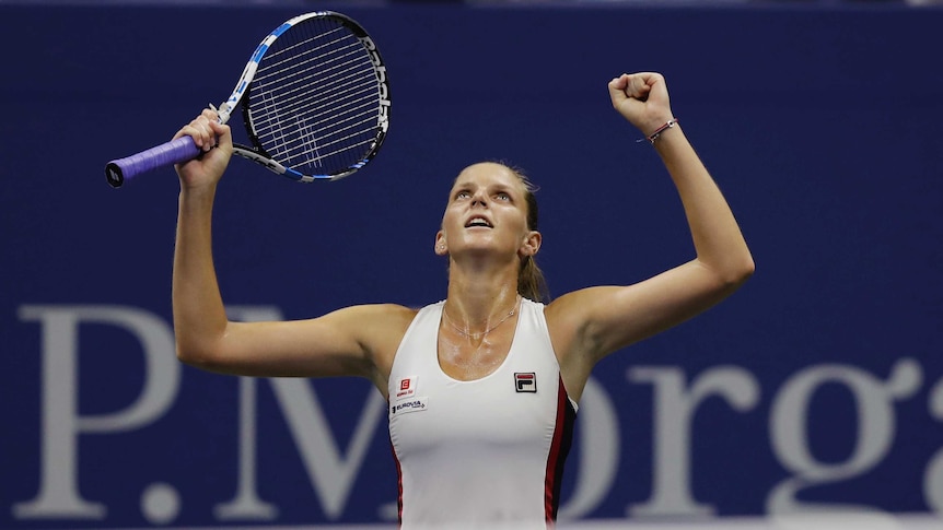 Karolina Pliskova, of the Czech Republic, reacts after beating Serena Williams