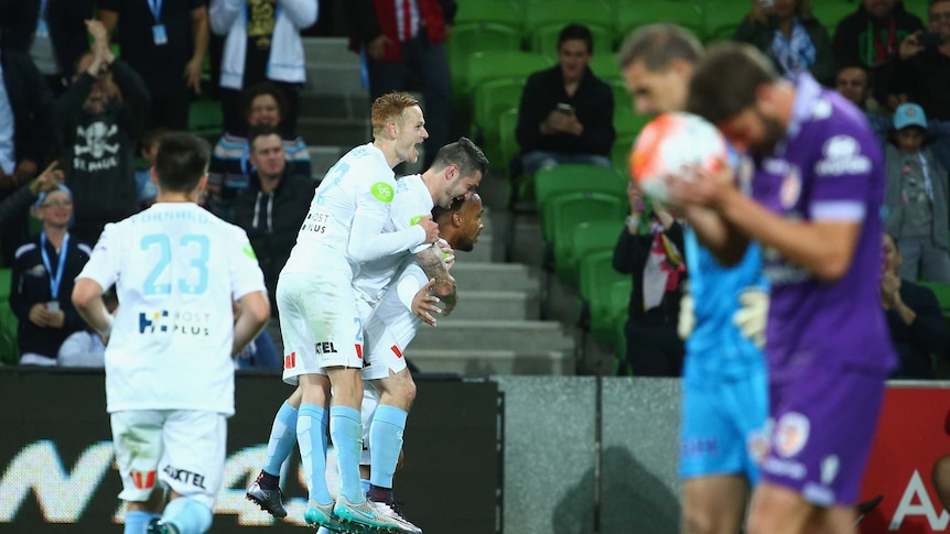 Novillo celebrates goal against Perth Glory