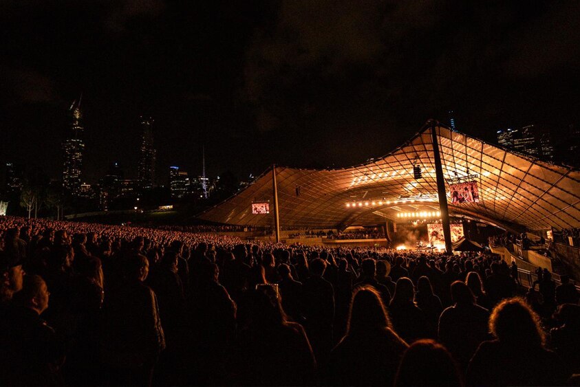 The stacked night time at Melbourne's Sidney Myer Music Bowl for Down To Earth bushfire and climate relief charity concert