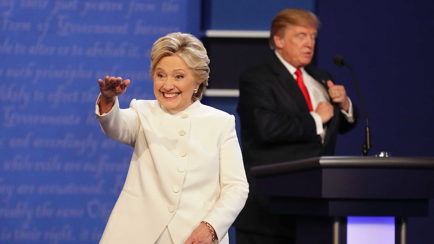 Hillary Clinton waves to the crowd after the third presidential debate