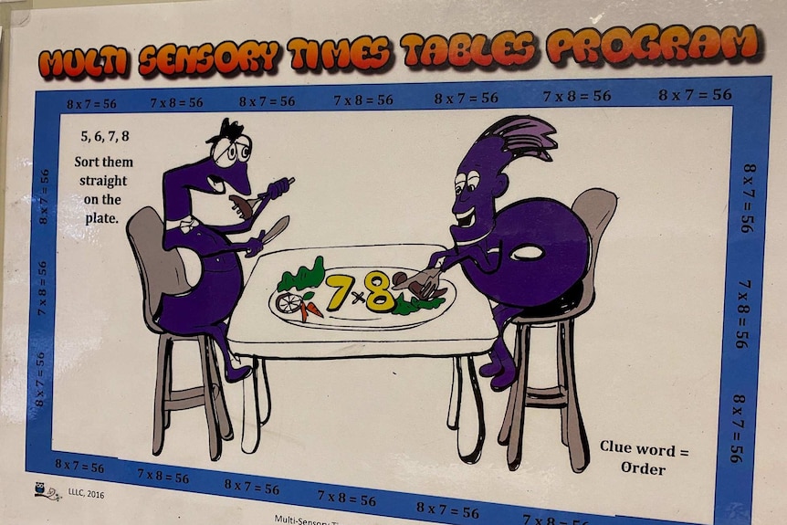 A cartoon with numbers eating dinner is captioned "multi-sensory times tables program".