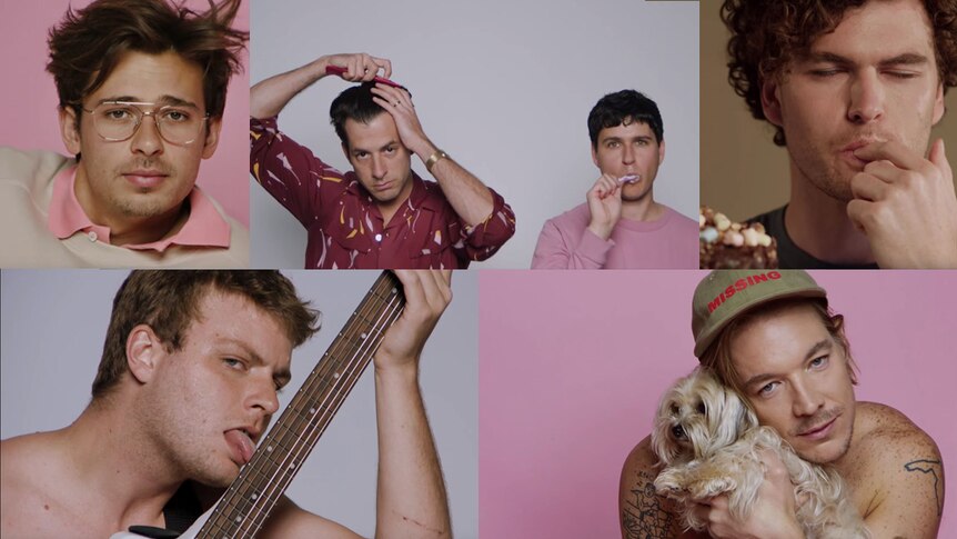 A collage of Flume, Mark Ronson, Ezra Koenig, Vance Joy, Mac DeMarco, and Diplo in Charli XCX's 'Boys' video