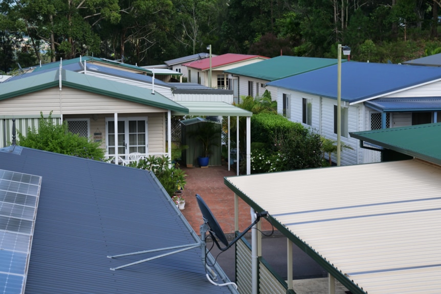 Birdseye view of the roofs of houses