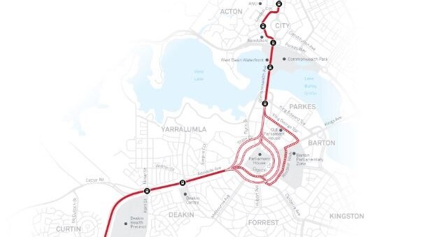 Map of a proposed route for stage two of Canberra's light rail.