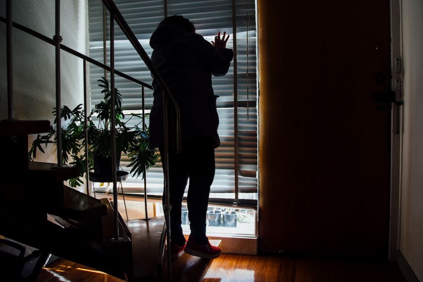 A woman stands inside a house, looking through the blinds.