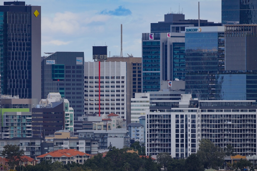 Brisbane cityscape with Commonwealth, Suncorp, Telstra office buildings