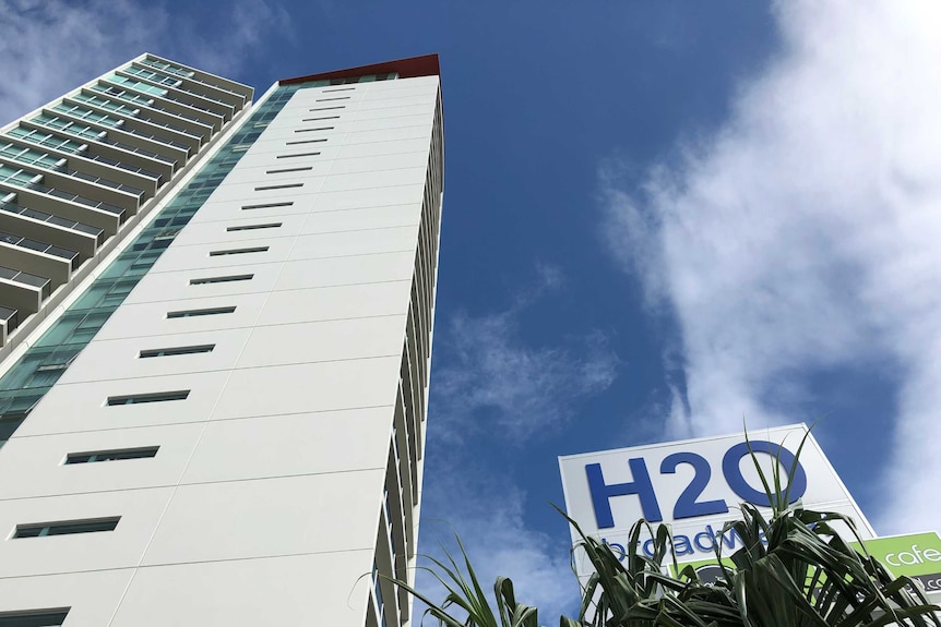 View of the highrise H2O building from the footpath in Southport.