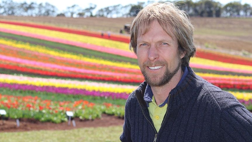 Tulip farmer David Roberts-Thomson standing in front of a paddock of blooming tulips.