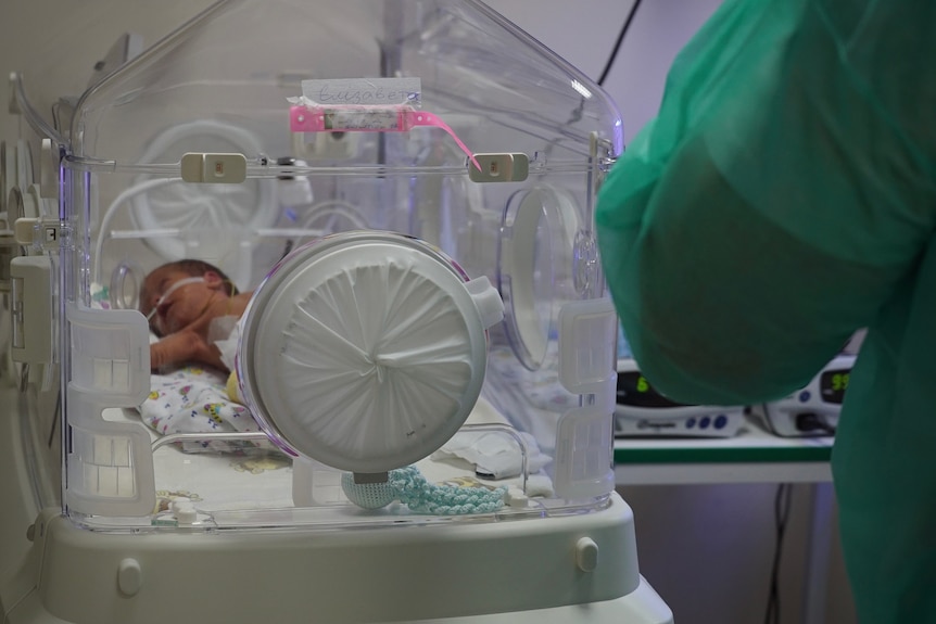 A premature baby lies inside a neo-natal incubator.
