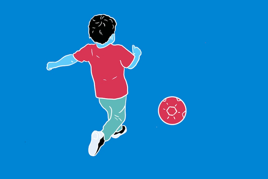 A blue, green, red, white and black graphic of a child kicking a ball.