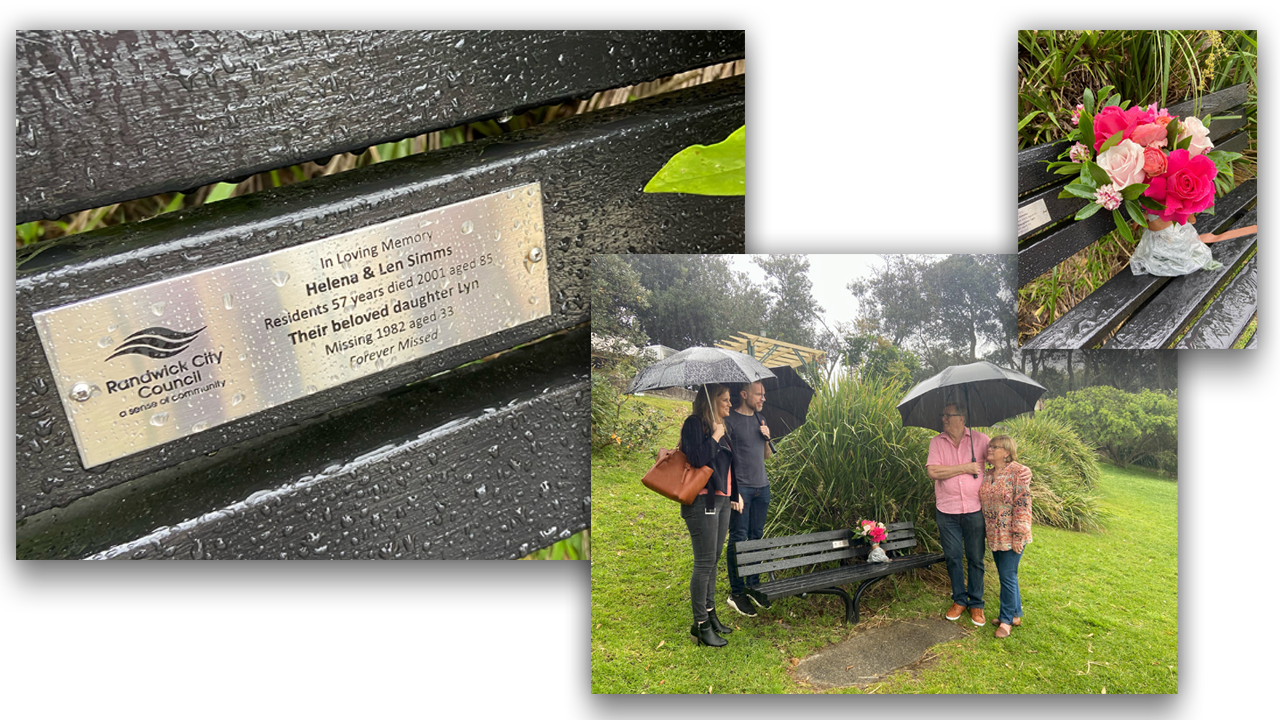 A montage of photos of two men and two women placing flowers on a park bench on a rainy day. They hold umbrellas 