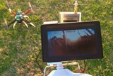 A drone rests on the grass with remote control and camera monitor.