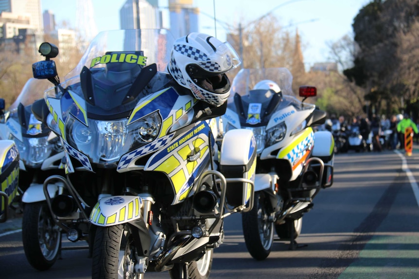 A Victoria Police motorcycle and helmet at the start of the Wall to Wall ride.