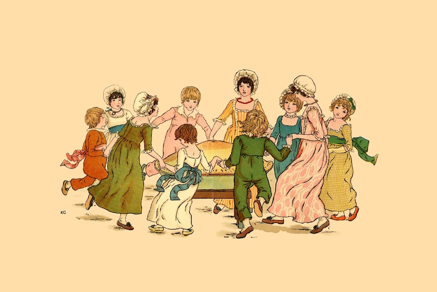 An illustration of children dancing around in a circle