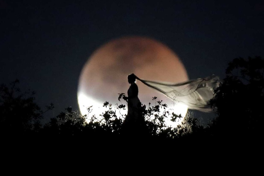 A bride poses for photo during a total lunar eclipse from in Brasilia, Brazil.