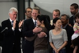 Bill Clinton and Al Gore with freed US journalists Laura Ling and Euna Lee (R)