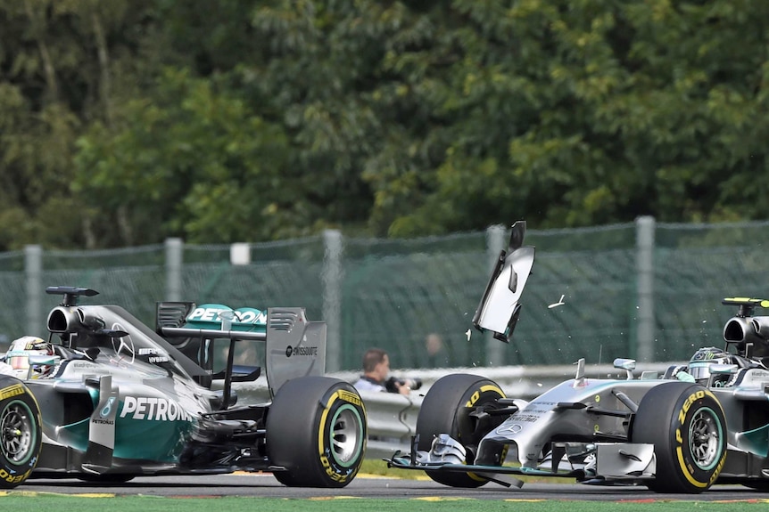 Rosberg's front wing made contact with Hamilton's rear tyre and punctured it.