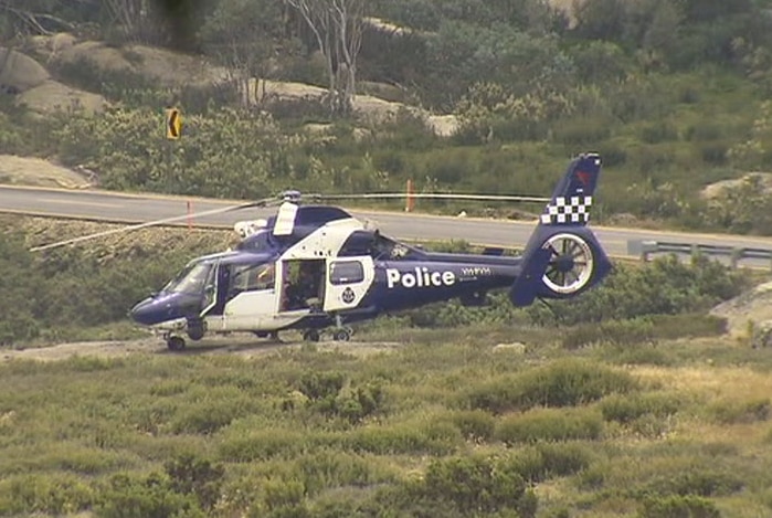 A police helicopter at Mount Buffalo where two hikers have gone missing.