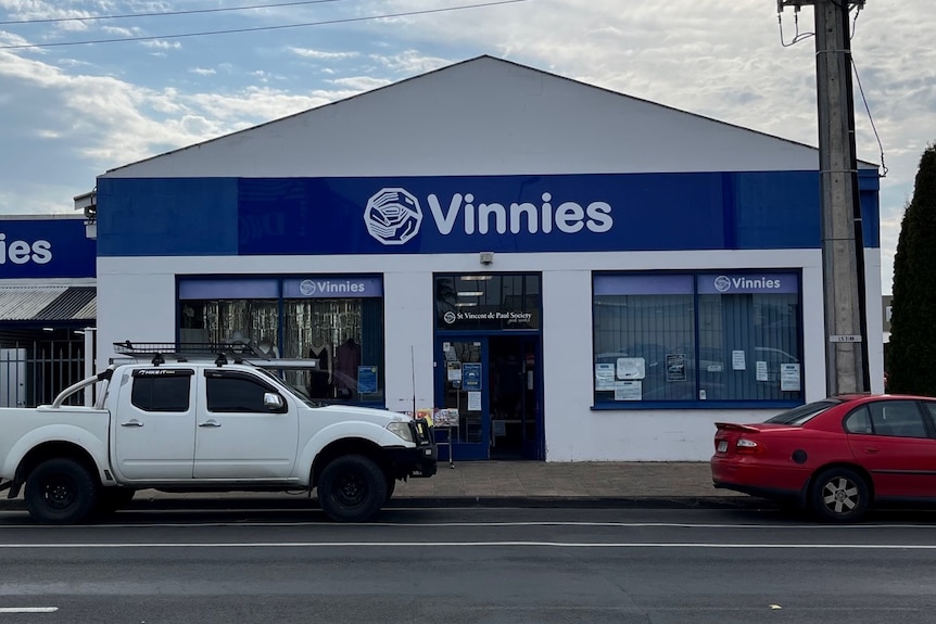 A small shop with "Vinnies" lettered above its entrance.